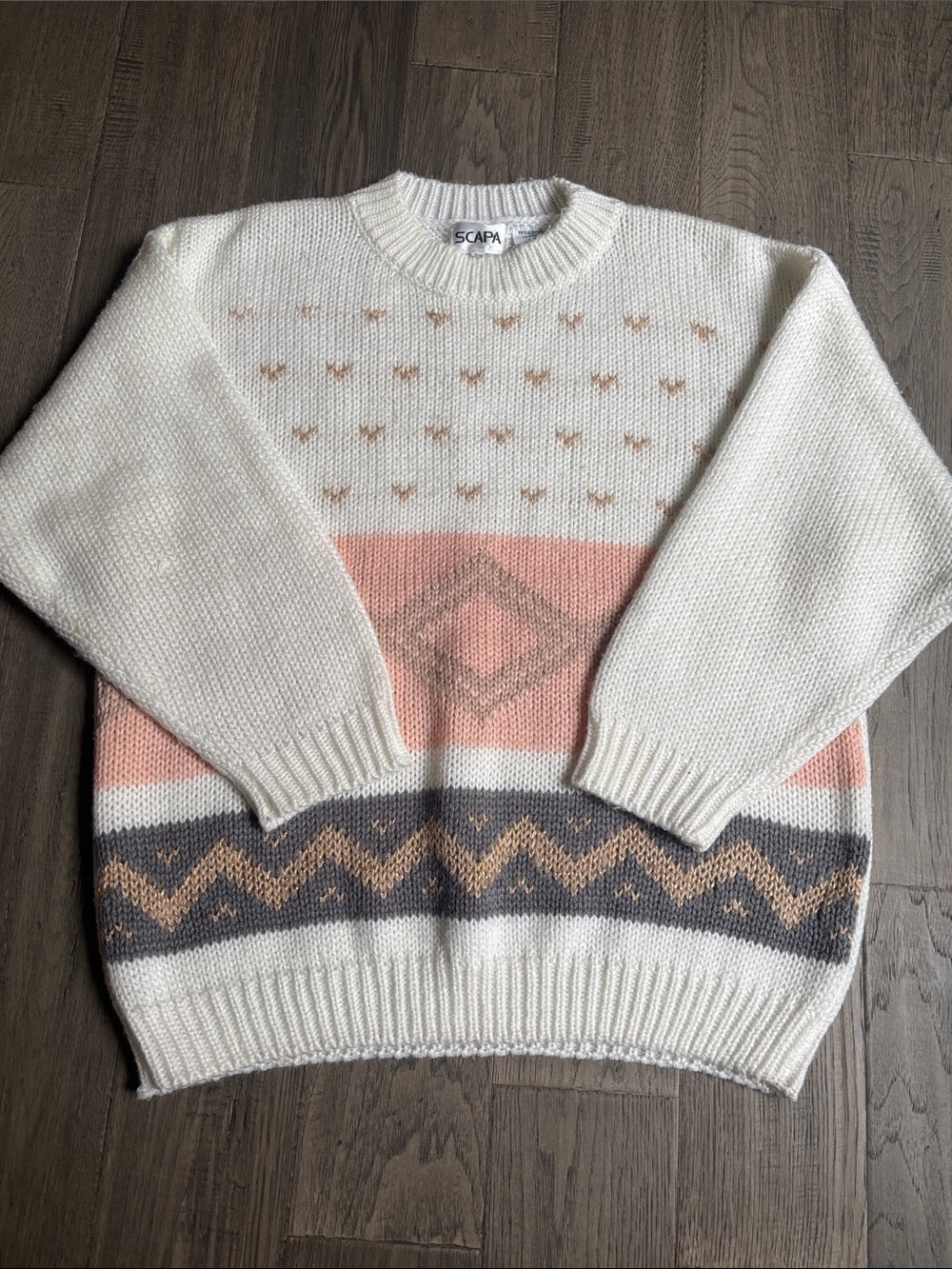 Scape | Vintage Off White Pink Grey Patterned Crewneck Knit Sweater Large